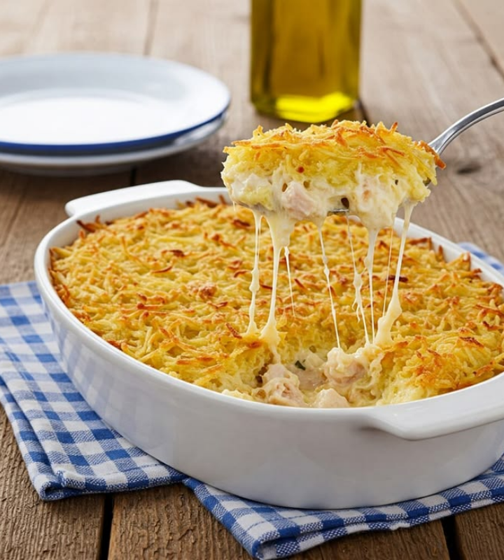 Juntei frango desfiado com milho e creme e preparei um gratinado tão cremoso que acabou antes do almoço